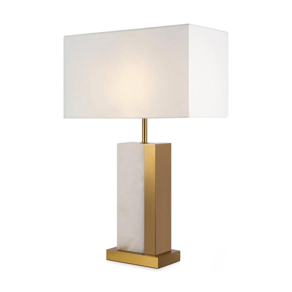 Lampe à poser en albâtre et métal laiton, abat-jour tissu blanc