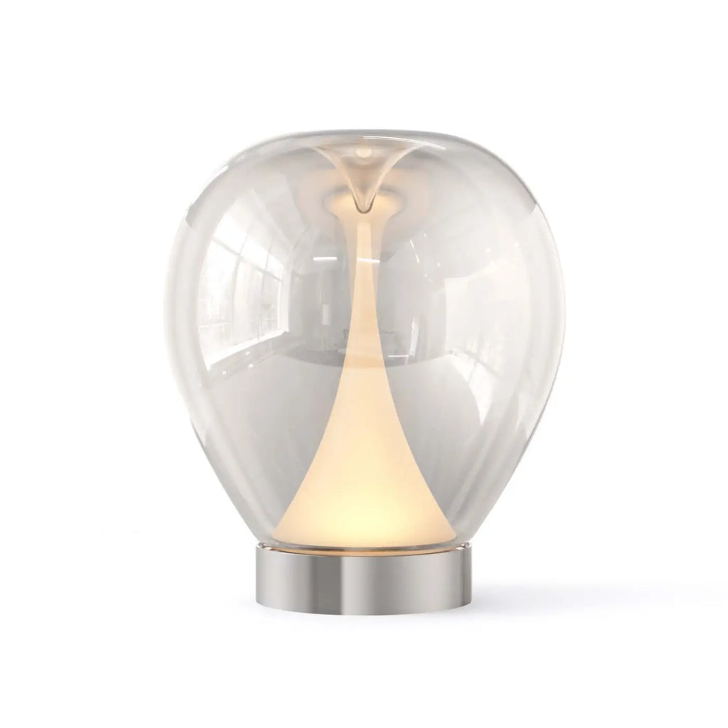Lampe de chevet double disque en verre sablé, pied inox, 39 cm, argenté