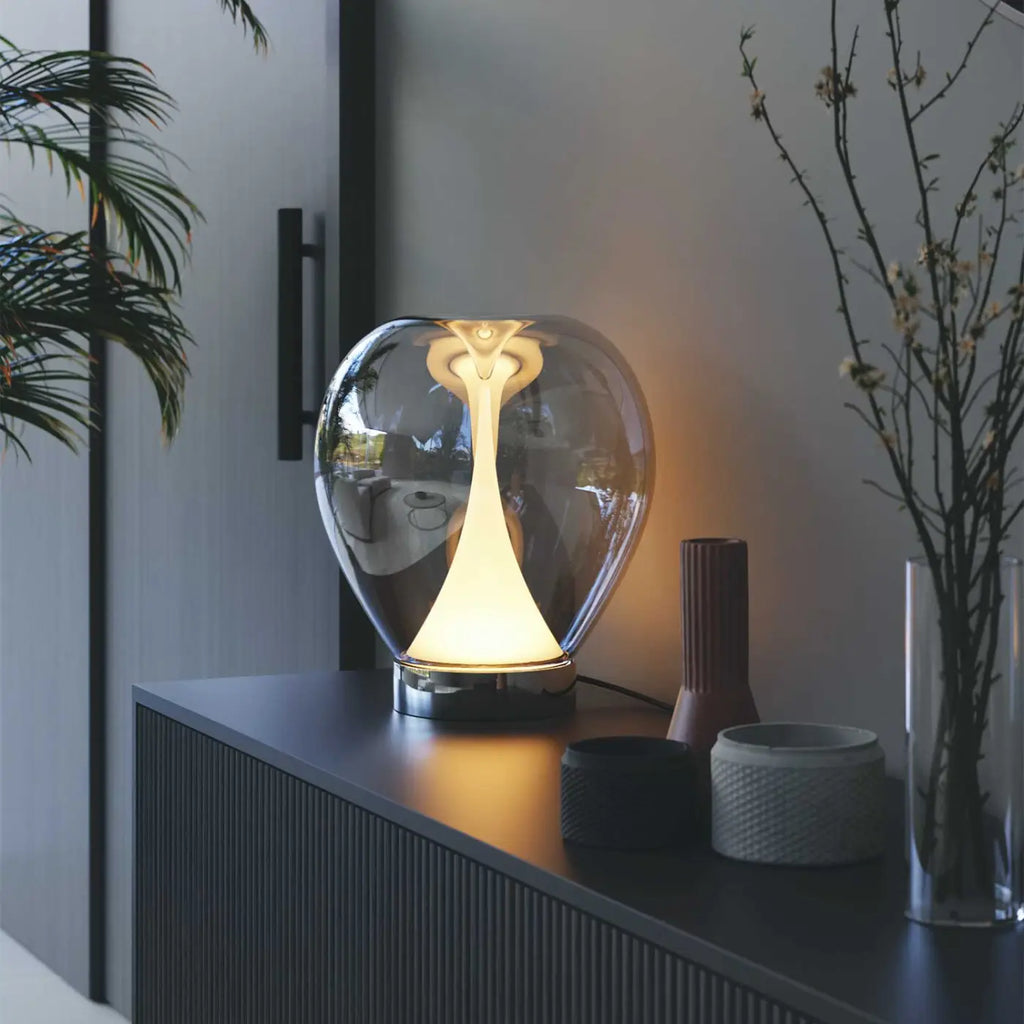 Lampe de chevet double disque en verre sablé, pied inox, 39 cm