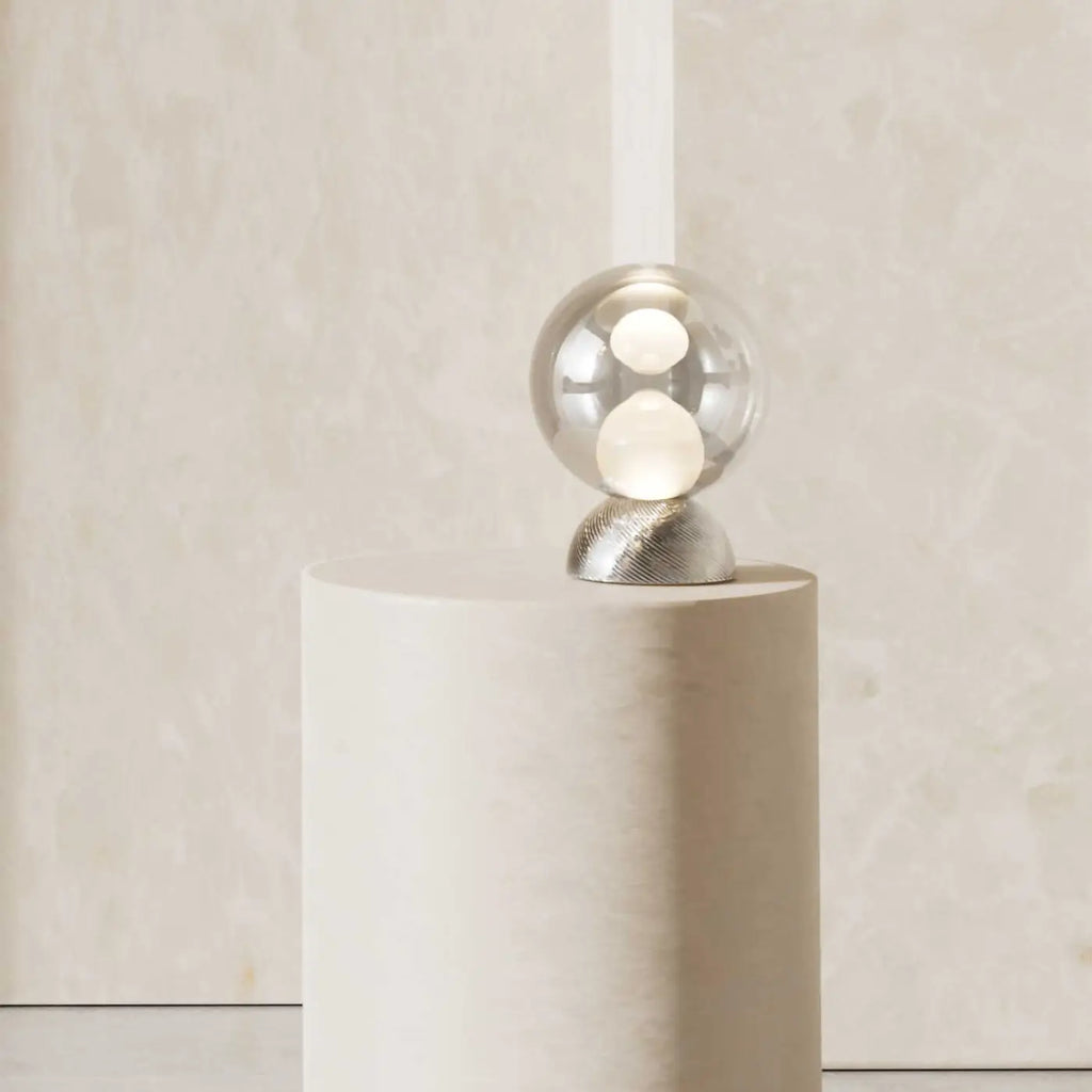 Lampe de chevet globe en verre miroir, socle inox, 28 cm