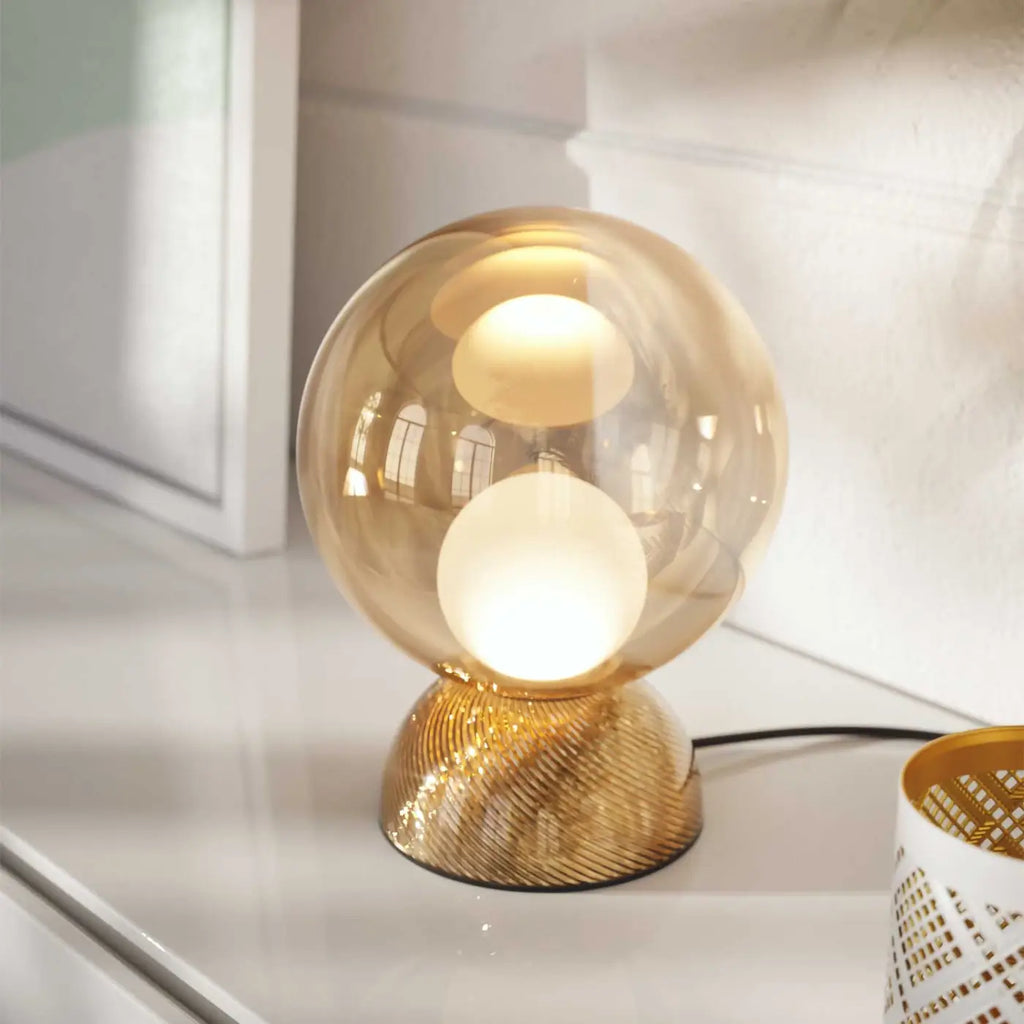 Lampe de chevet globe en verre miroir, socle inox, 28 cm