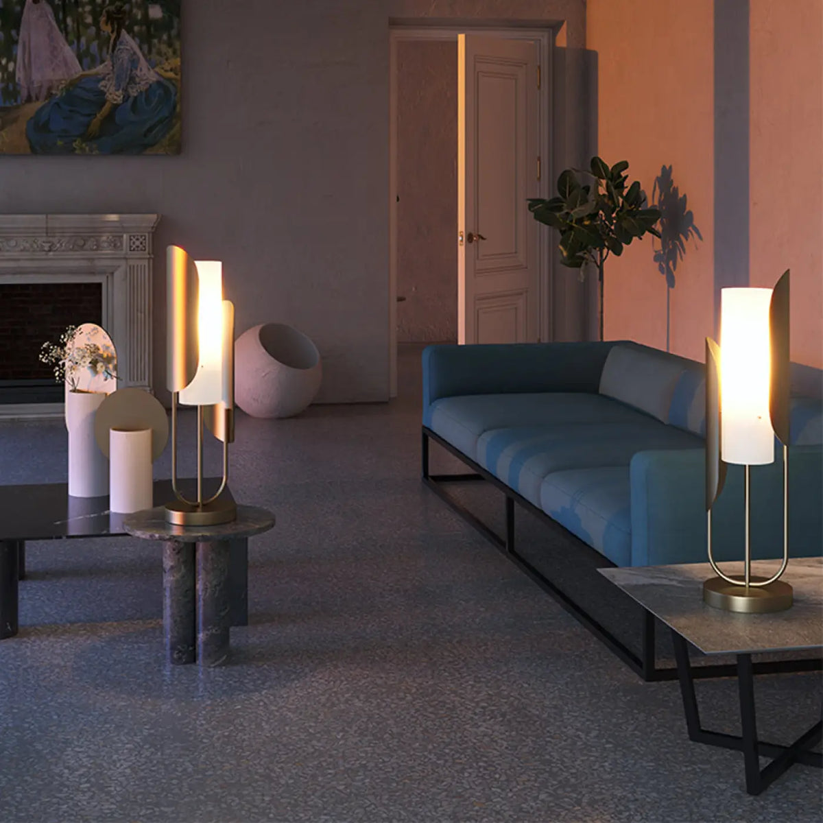 Lampe à poser haute en métal doré et verre opalin, 75 cm