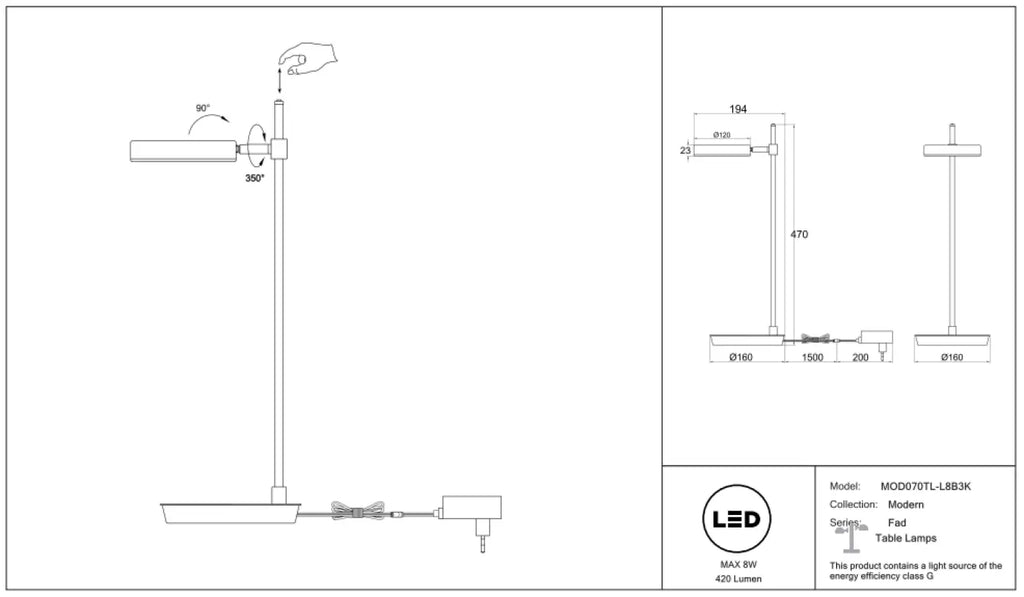 Lampe à poser LED à tête ronde orientable, métal noir mat