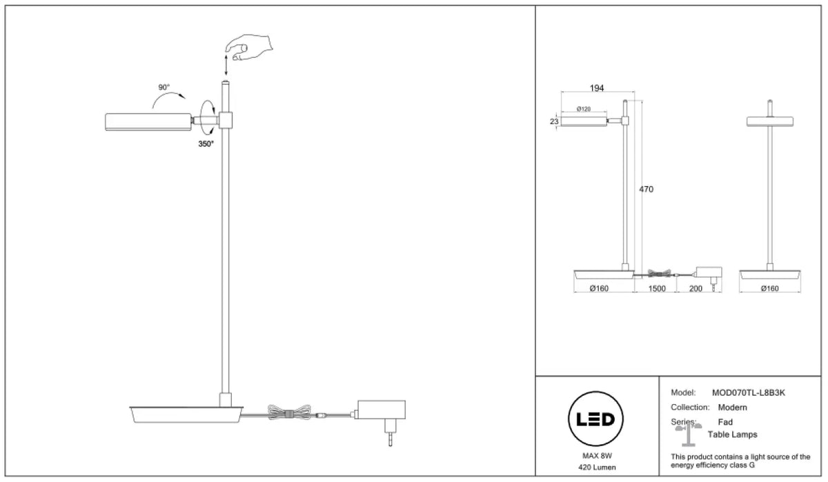 Lampe à poser LED à tête ronde orientable, métal noir mat
