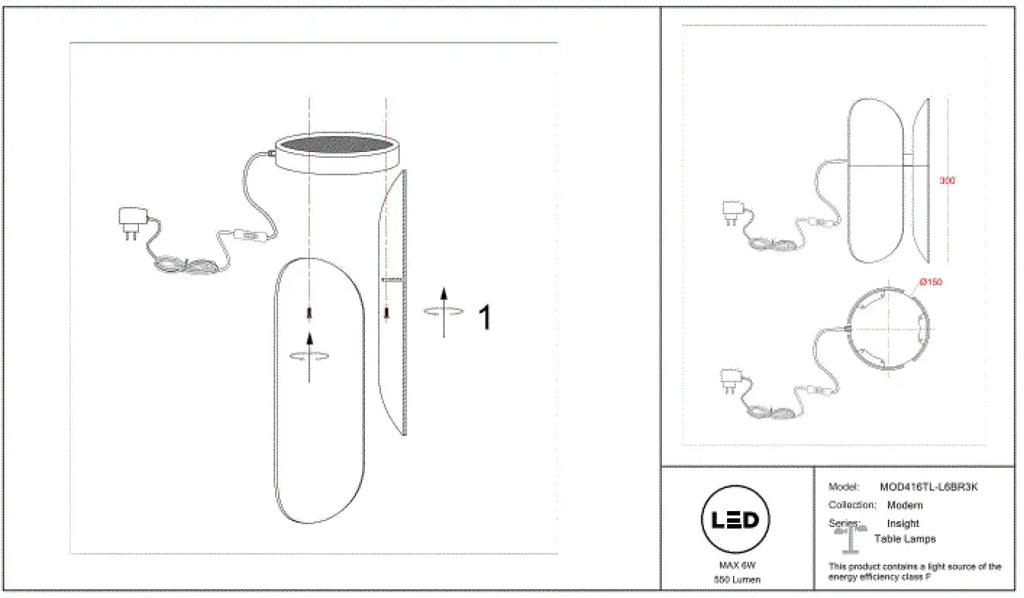 Lampe à poser LED en verre fumé arrondi, 30 cm
