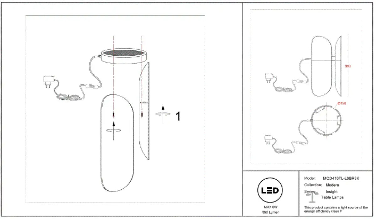 Lampe à poser LED en verre fumé arrondi, 30 cm