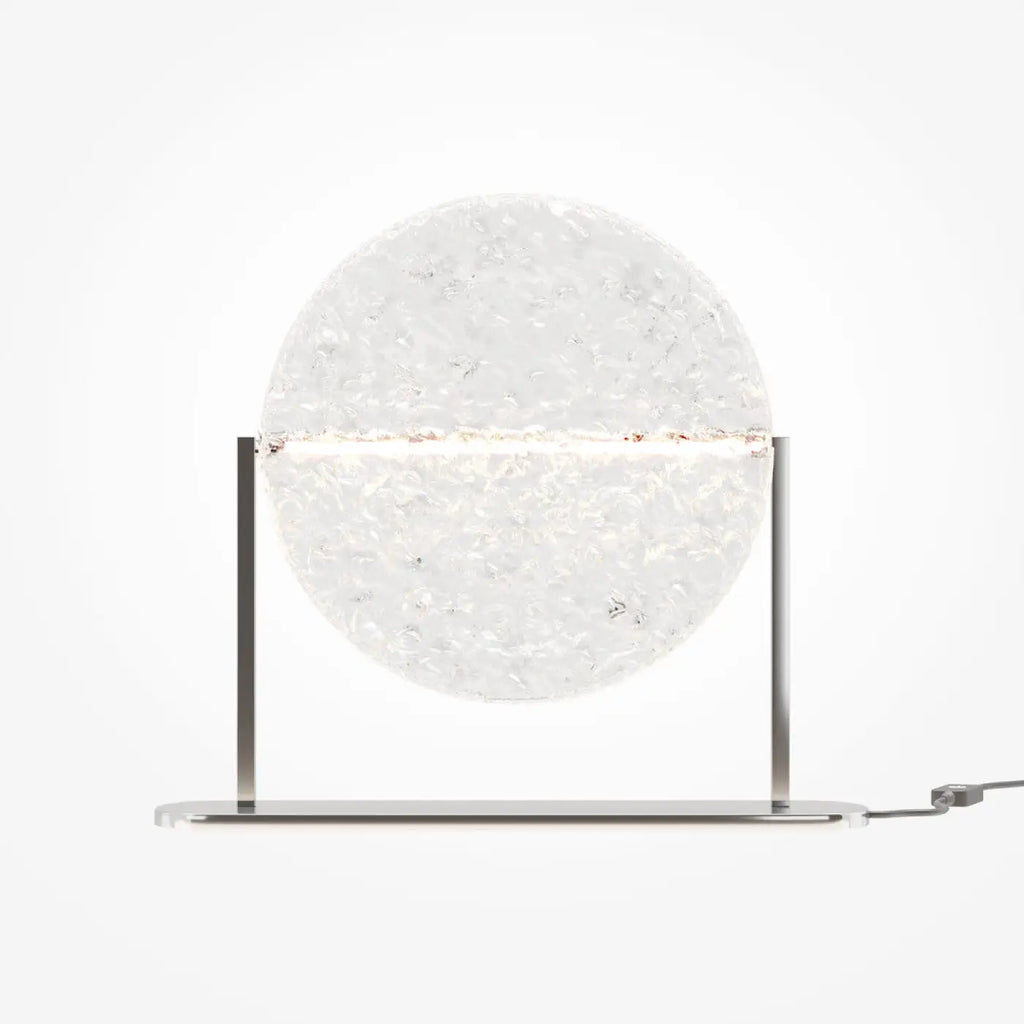 Lampe à poser LED disque en verre martelé sur pied argenté