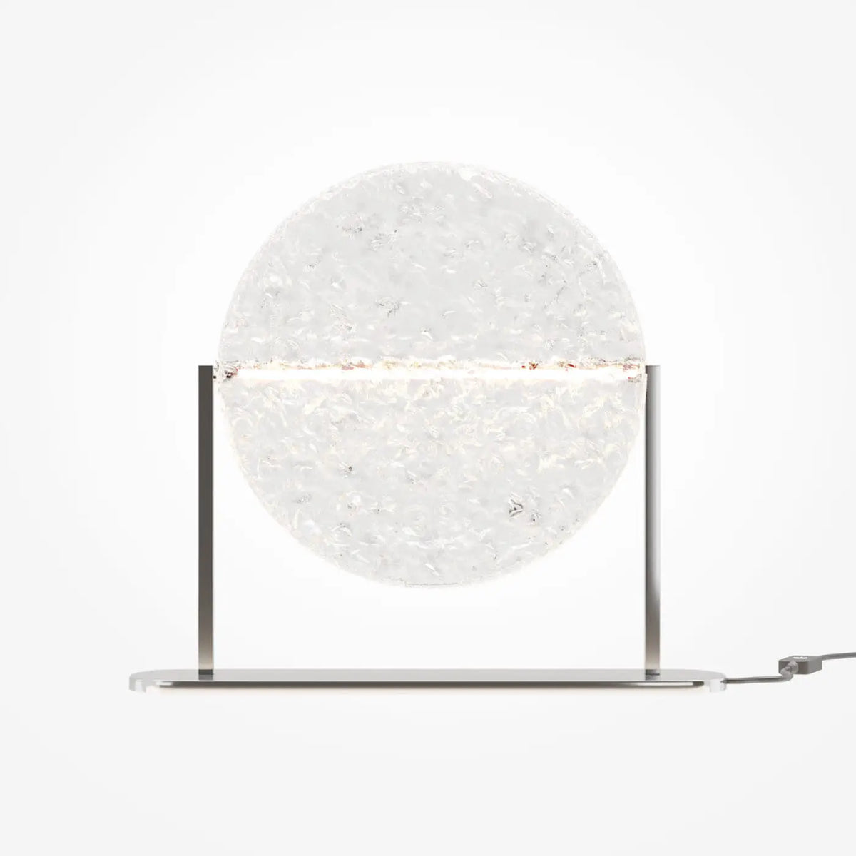 Lampe à poser LED disque en verre martelé sur pied argenté