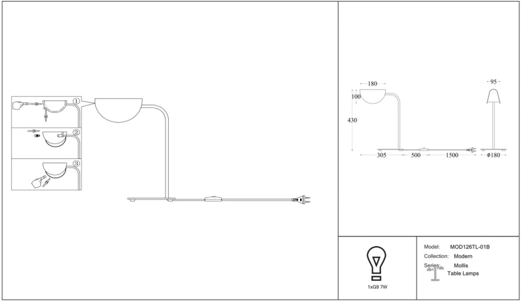 Lampe de chevet feuille d'acier noir, 43,5 cm, culot G9