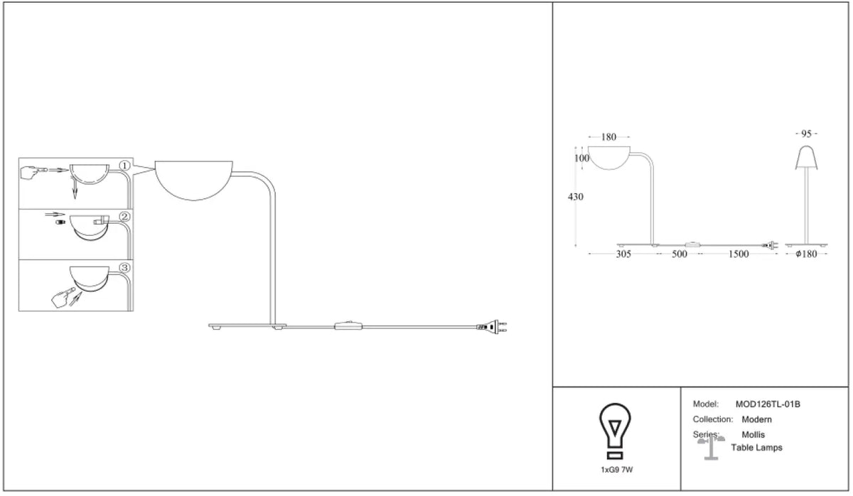 Lampe de chevet feuille d'acier noir, 43,5 cm, culot G9