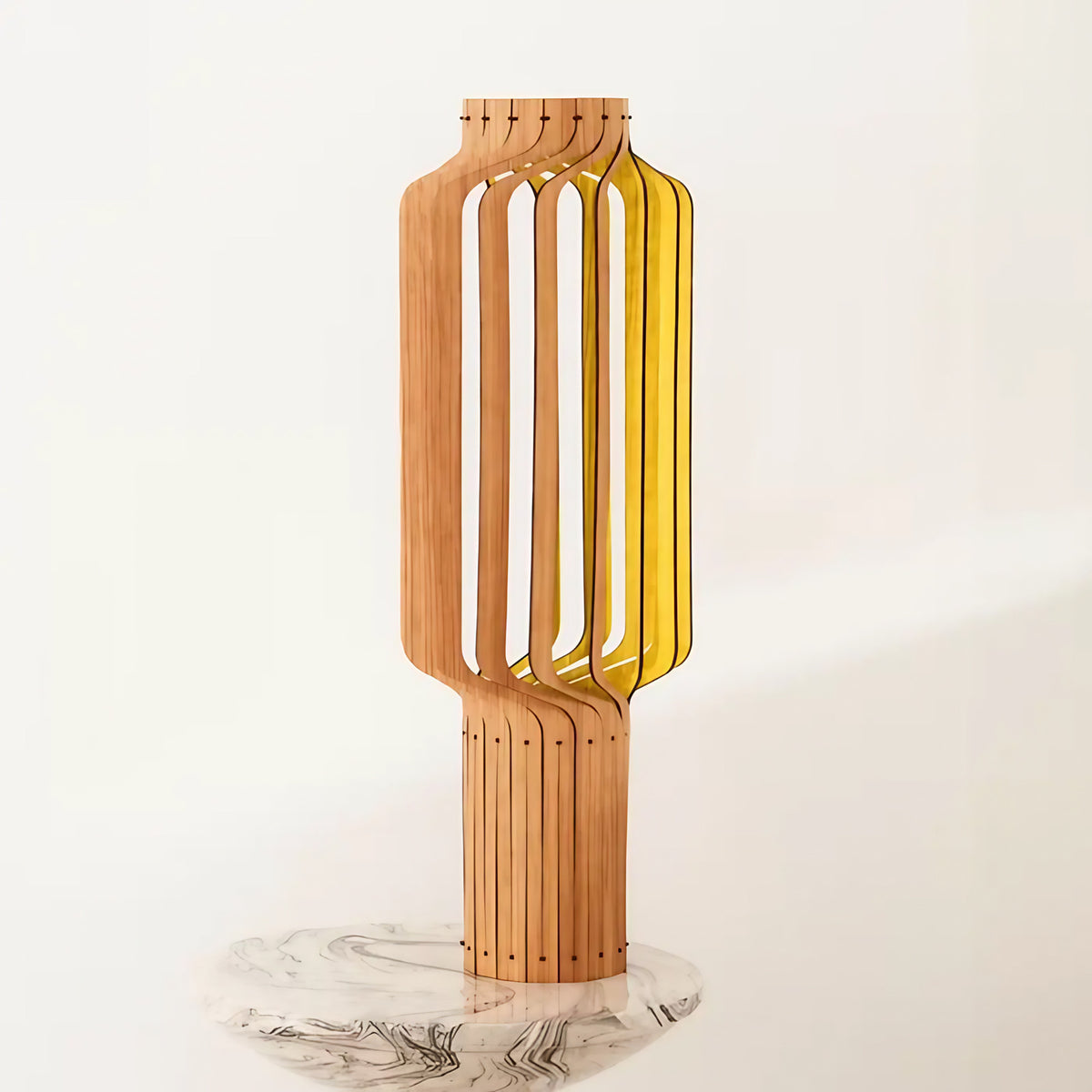 Lampe lanterne en bois plaqué chêne, trois hauteurs S, M, L, jaune