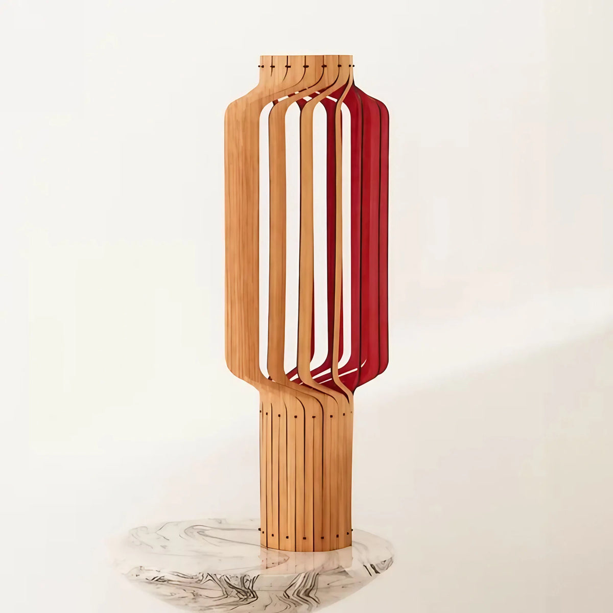 Lampe lanterne en bois plaqué chêne, trois hauteurs S, M, L, rouge