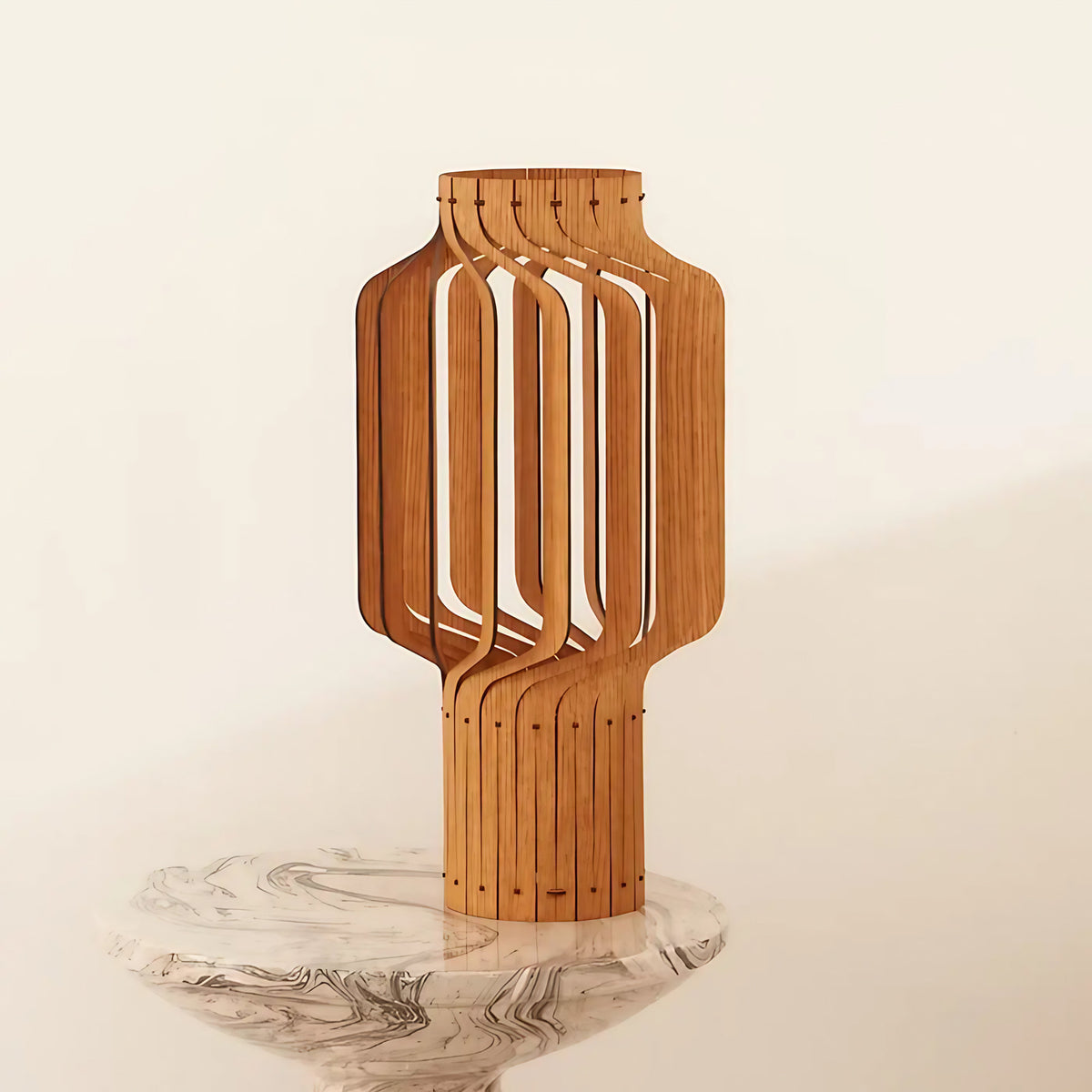 Lampe lanterne en bois plaqué chêne, trois hauteurs S, M, L, beige