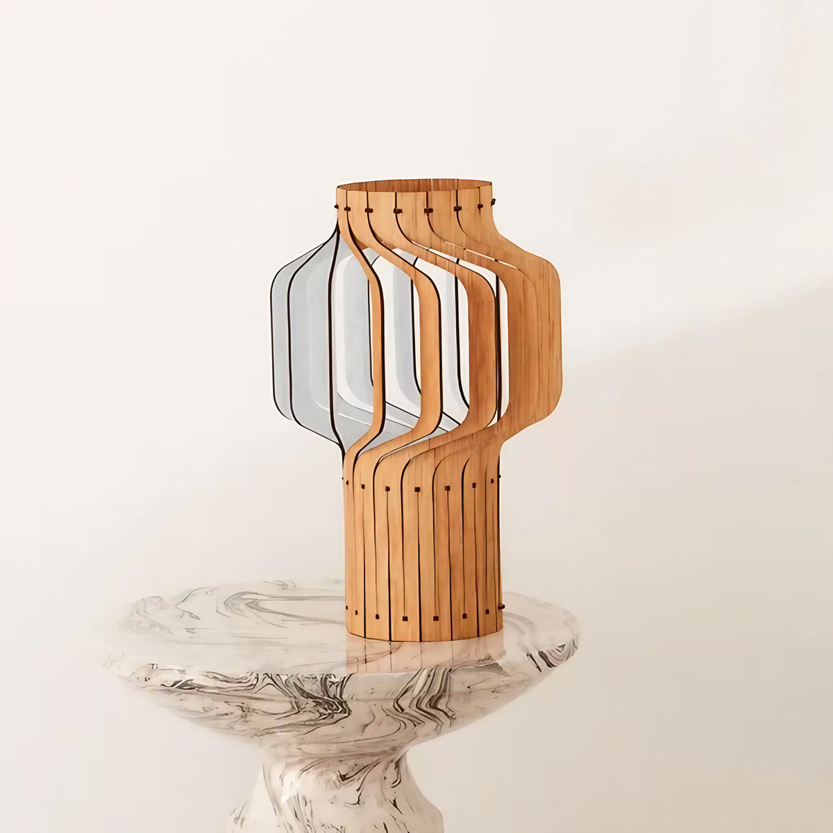Lampe lanterne en bois plaqué chêne, trois hauteurs S, M, L, blanc