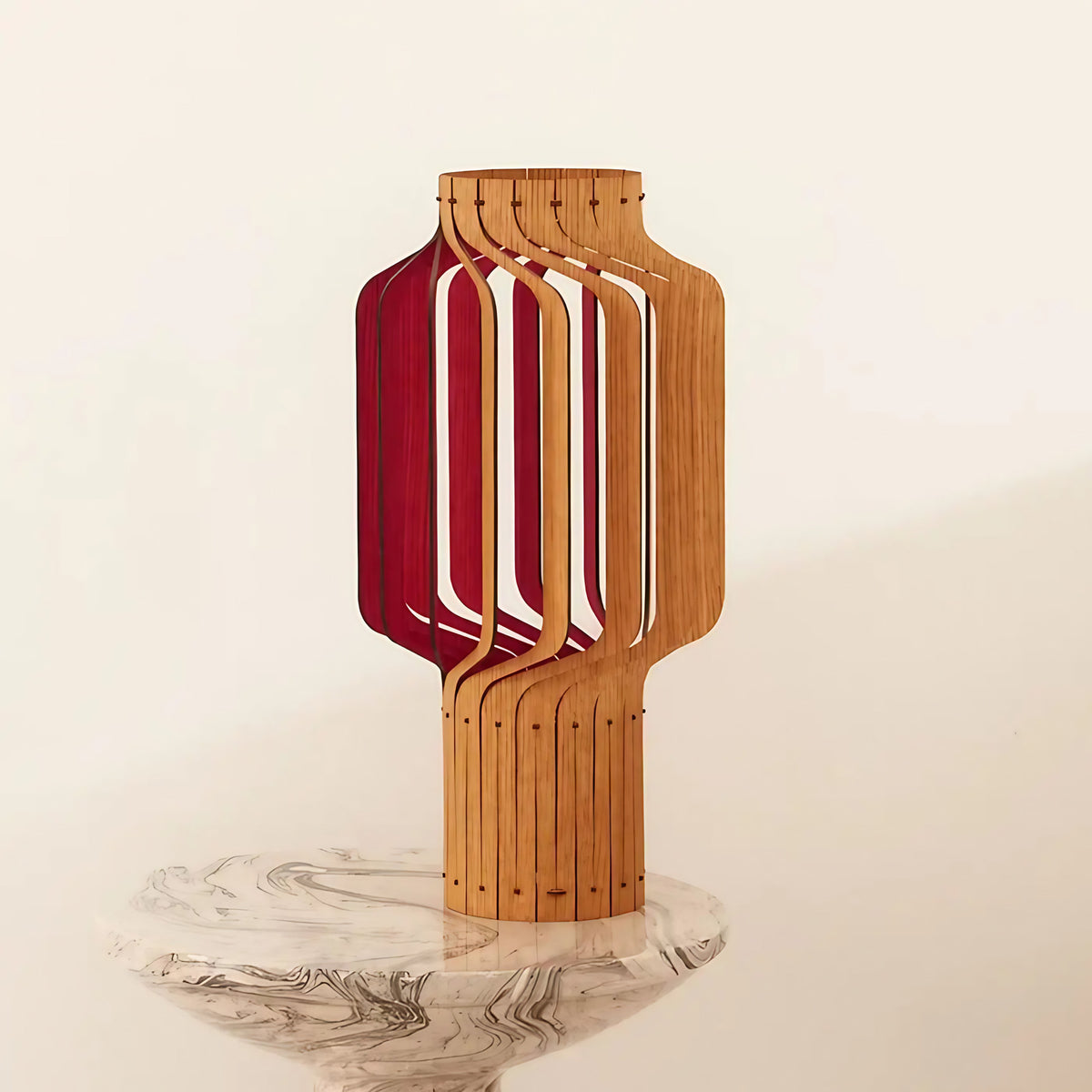 Lampe lanterne en bois plaqué chêne, trois hauteurs S, M, L, rouge