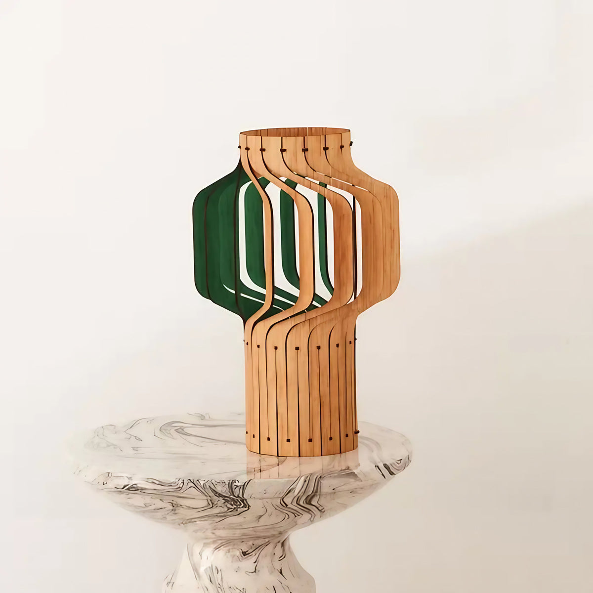 Lampe lanterne en bois plaqué chêne, trois hauteurs S, M, L, vert