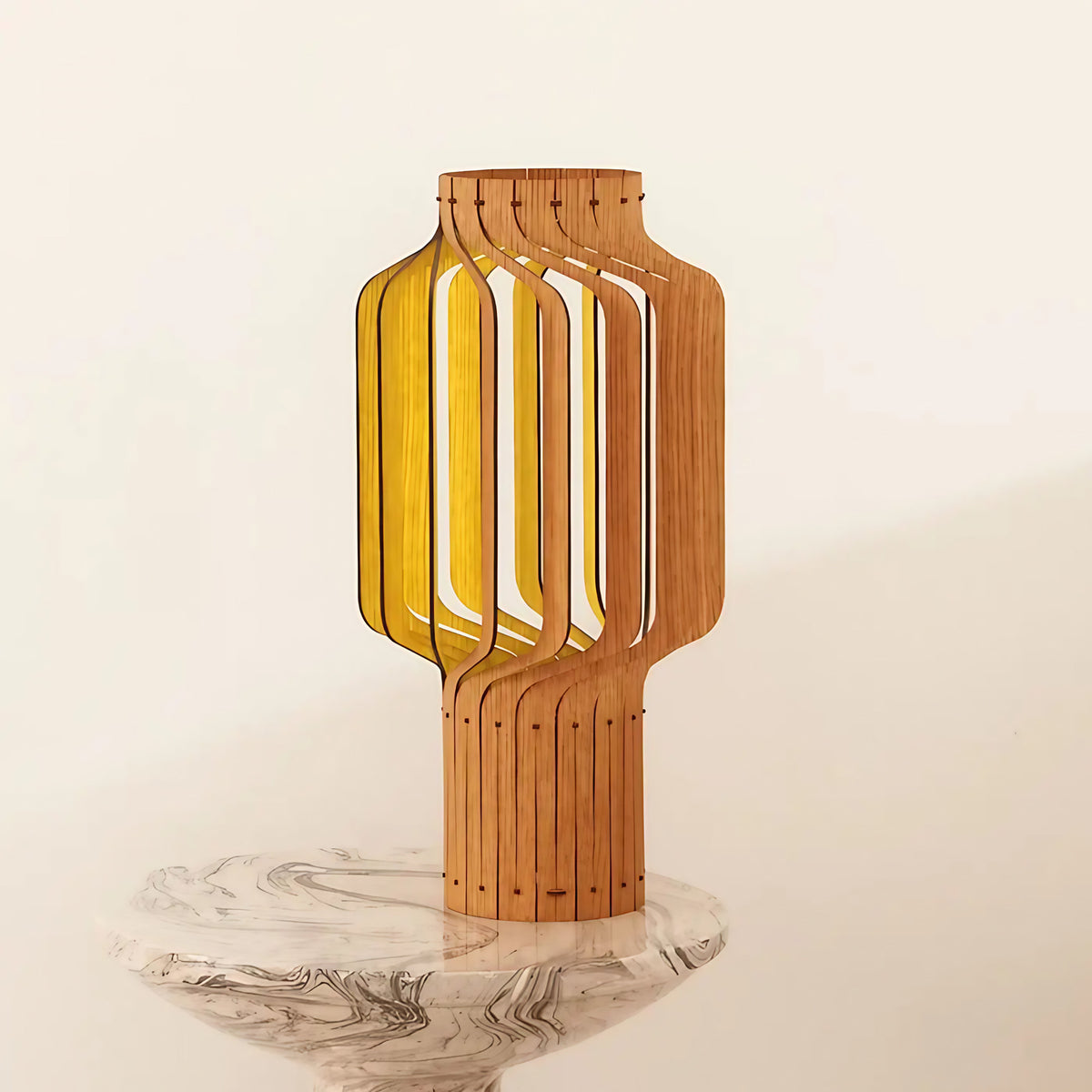 Lampe lanterne en bois plaqué chêne, trois hauteurs S, M, L, jaune