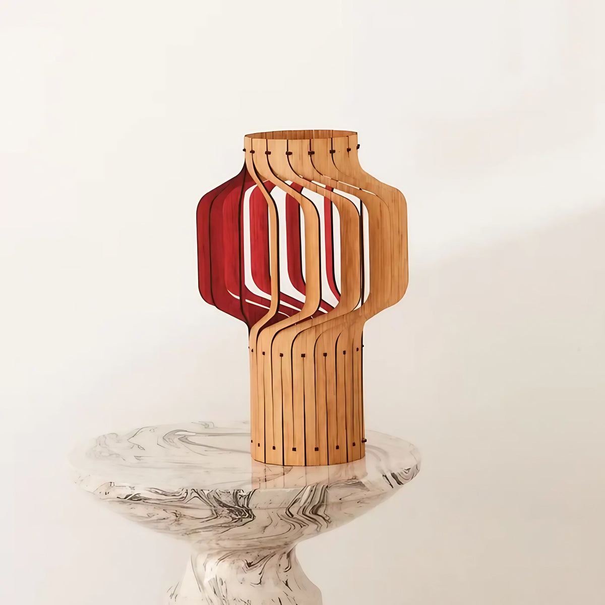 Lampe lanterne en bois plaqué chêne, trois hauteurs S, M, L, rouge
