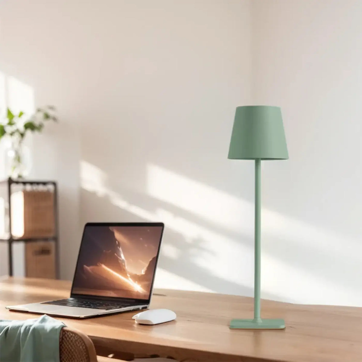 Lampe à poser abat-jour conique sur pied fin, vert ou bleu