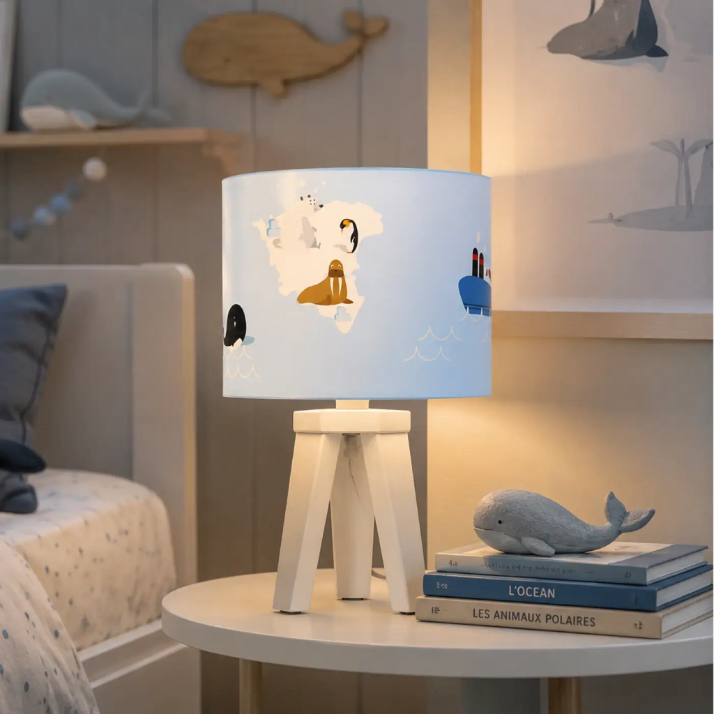 Lampe de chevet enfant en bois, animaux polaires et océans