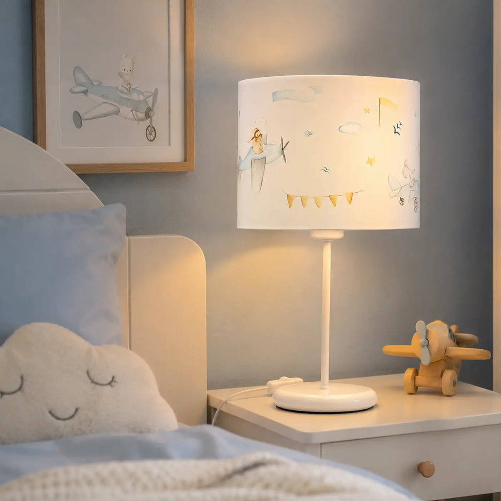 Lampe de chevet enfant 44 cm, petits avions et nuages bleu pastel