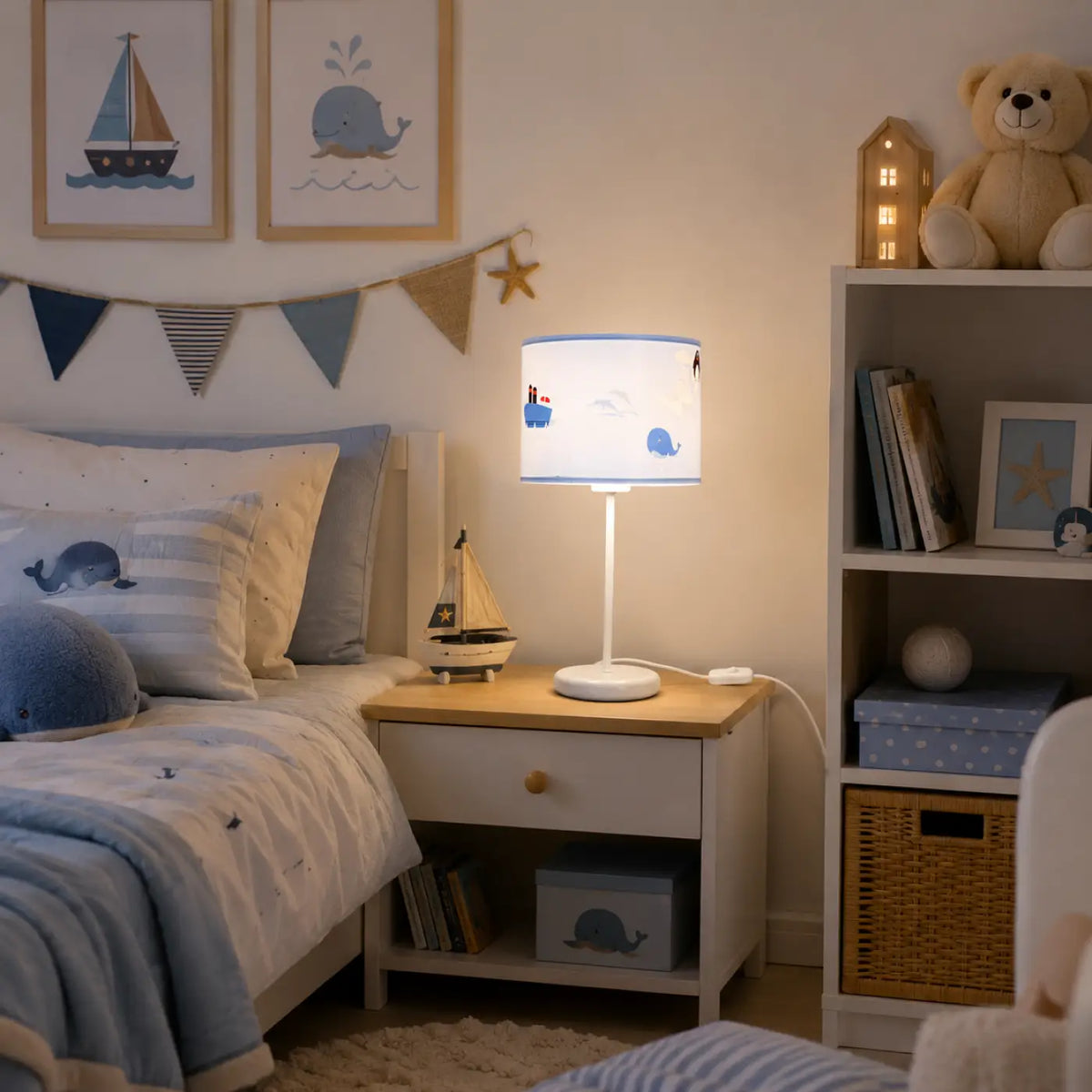 Lampe de chevet enfant 44 cm, baleine et bateau, décor marin
