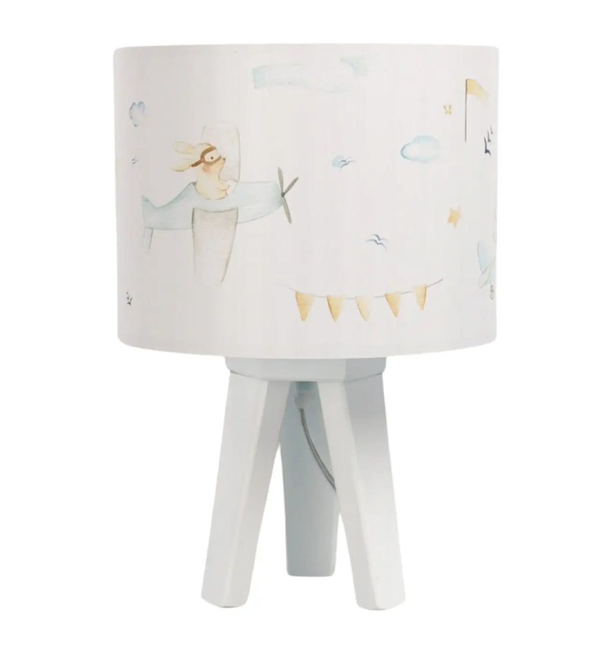 Lampe de chevet enfant en bois, dessin de conte blanc et bleu pastel