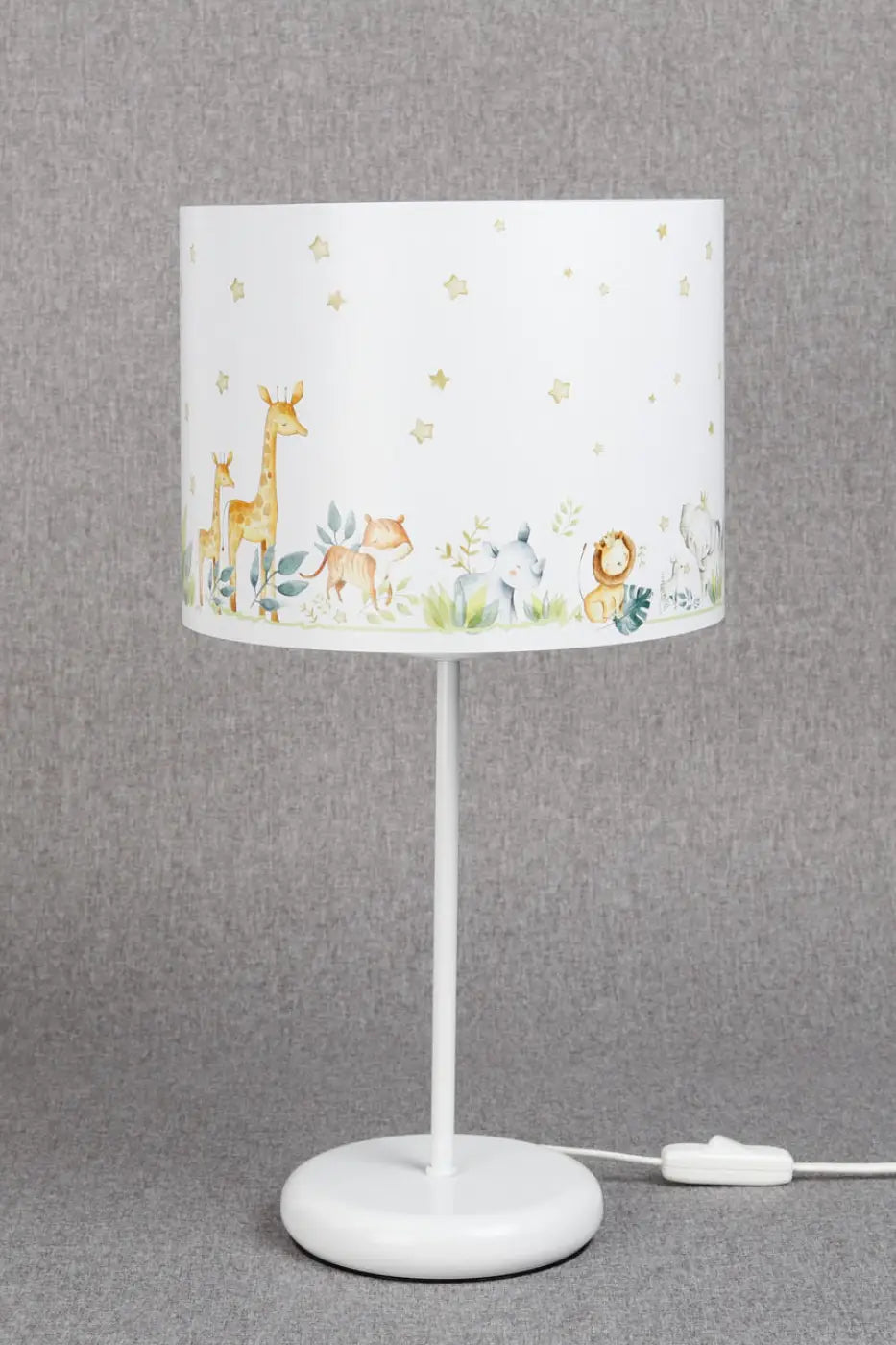 Lampe de chevet enfant blanche et jaune, savane et étoiles