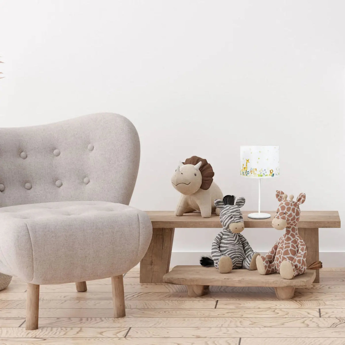 Lampe de chevet enfant blanche et jaune, savane et étoiles