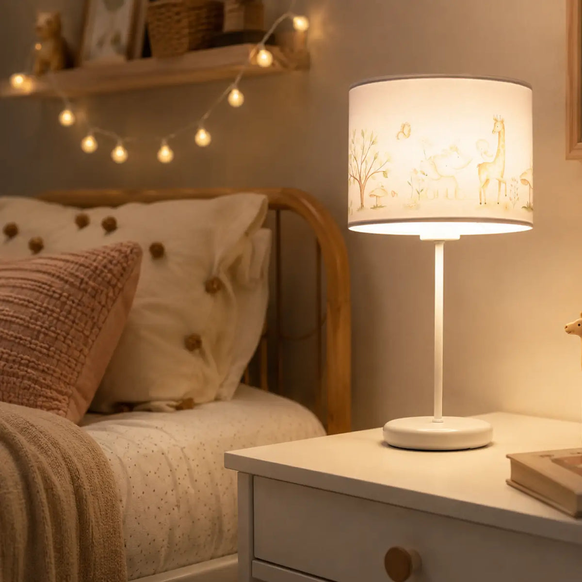 Lampe de chevet enfant à animaux, blanc et marron clair, 44 cm