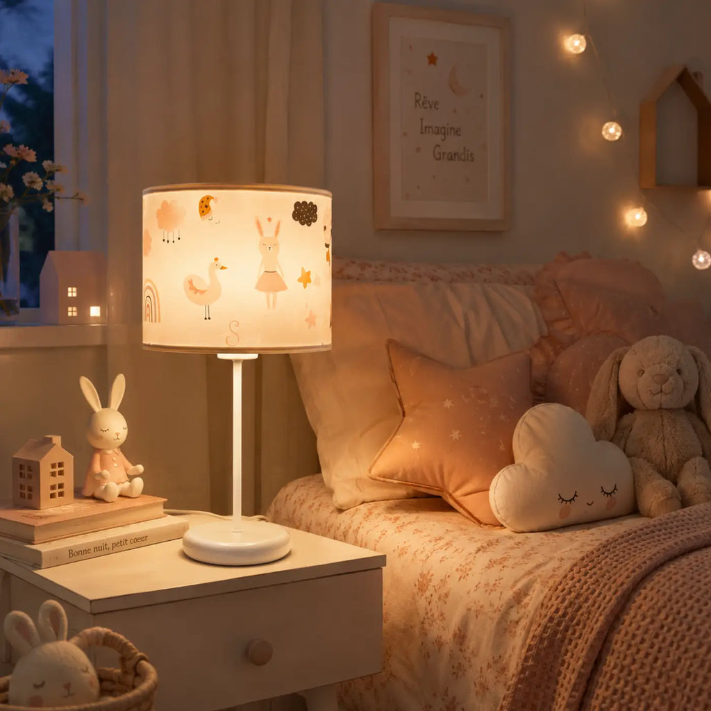 Lampe de chevet enfant au lapin et au cygne, blanc et orange