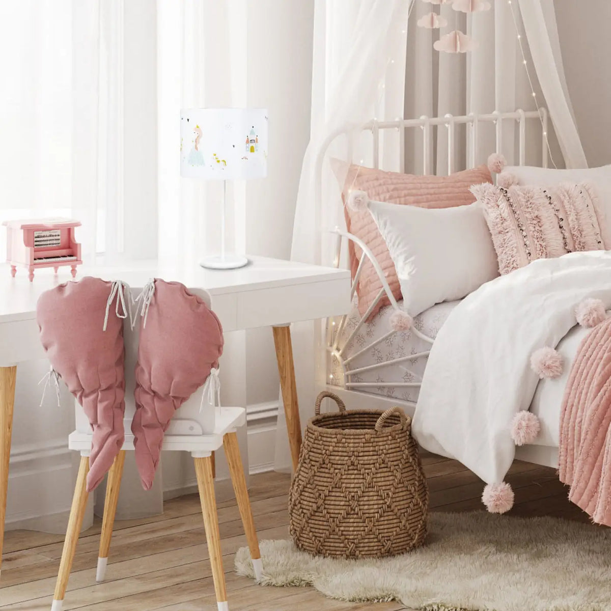 Lampe de chevet enfant princesse blanc et rose, 44 cm