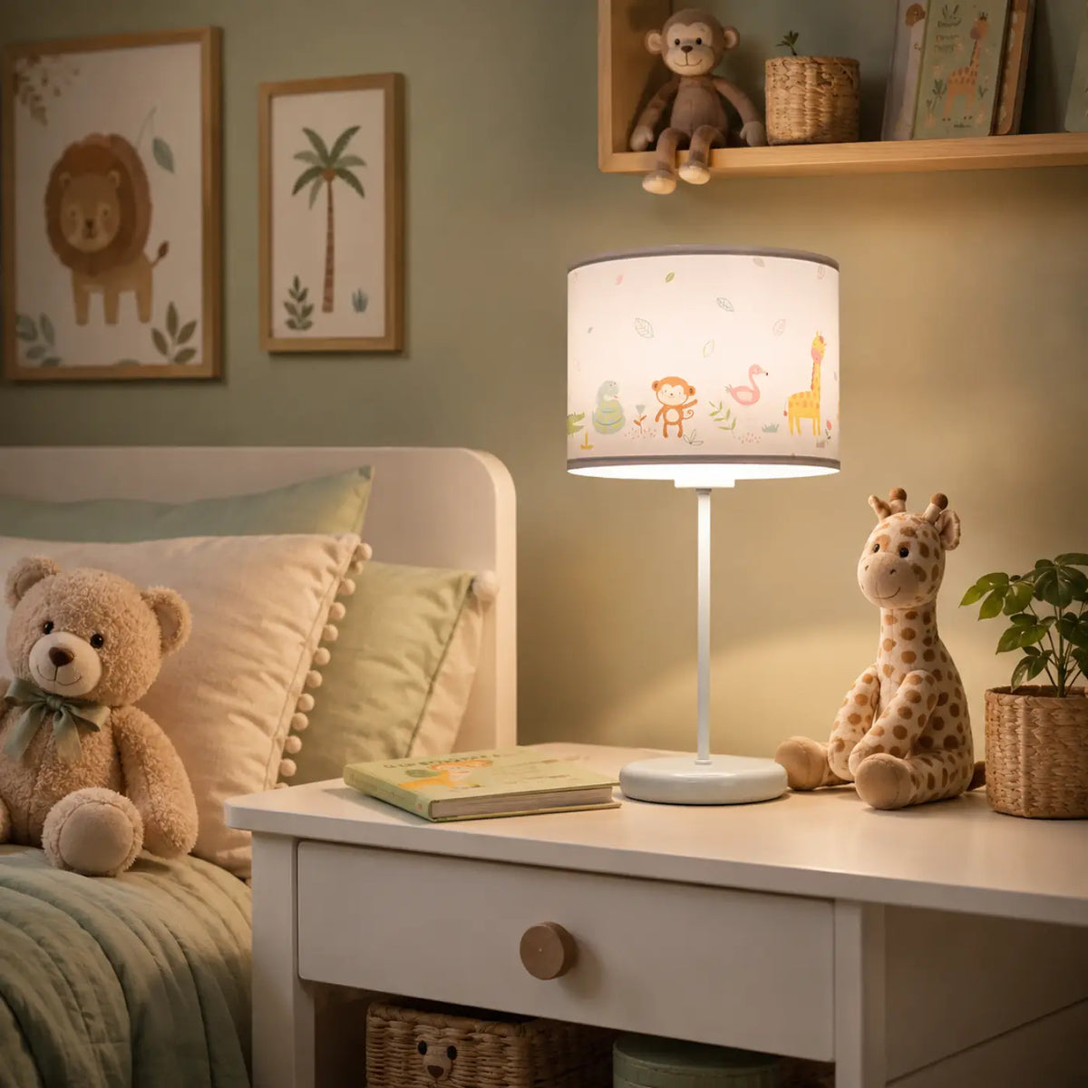 Lampe de chevet enfant 44 cm, animaux de savane et feuillages