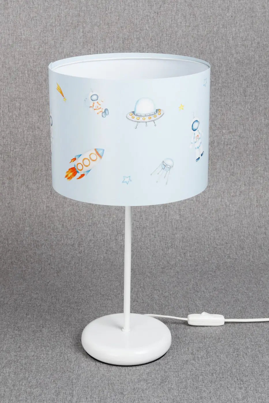 Lampe de chevet enfant bleue, fusées et astronautes, 44 cm