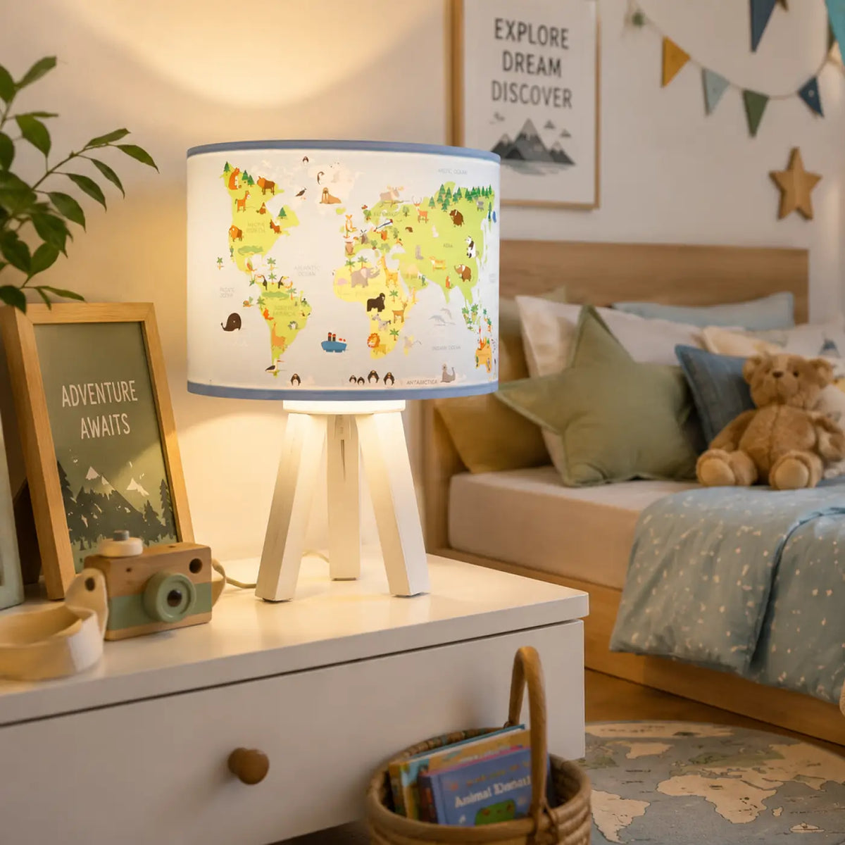 Lampe de chevet enfant en bois, carte du monde bleu et vert clair