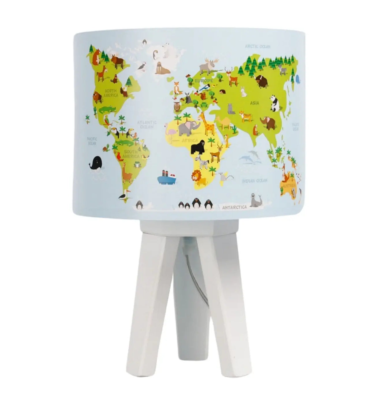 Lampe de chevet enfant en bois, carte du monde bleu et vert clair