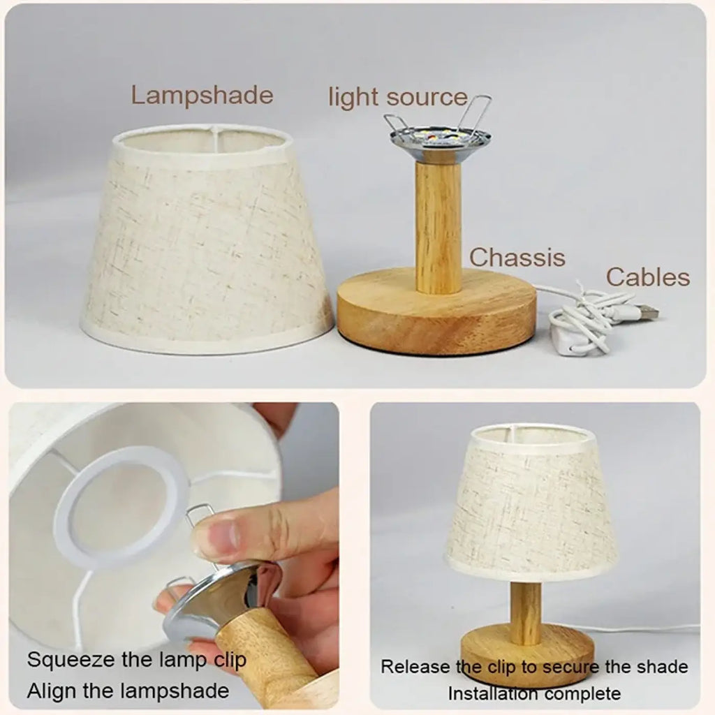 Lampe de table à pied en bois naturel et abat-jour en tissu