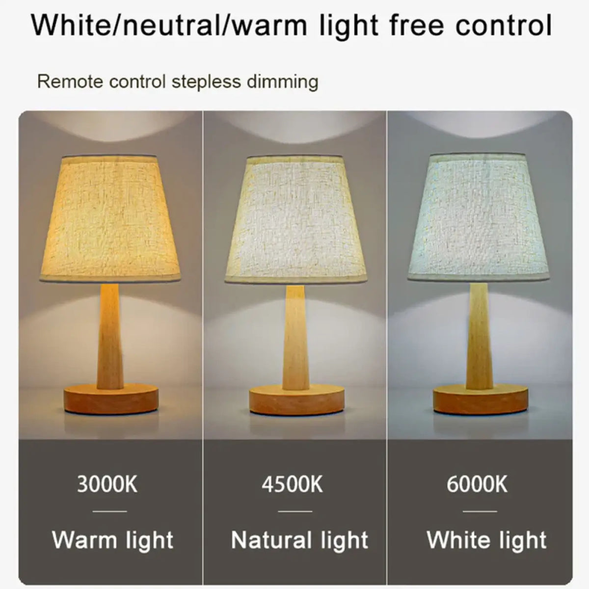 Lampe de table à pied en bois naturel et abat-jour en tissu