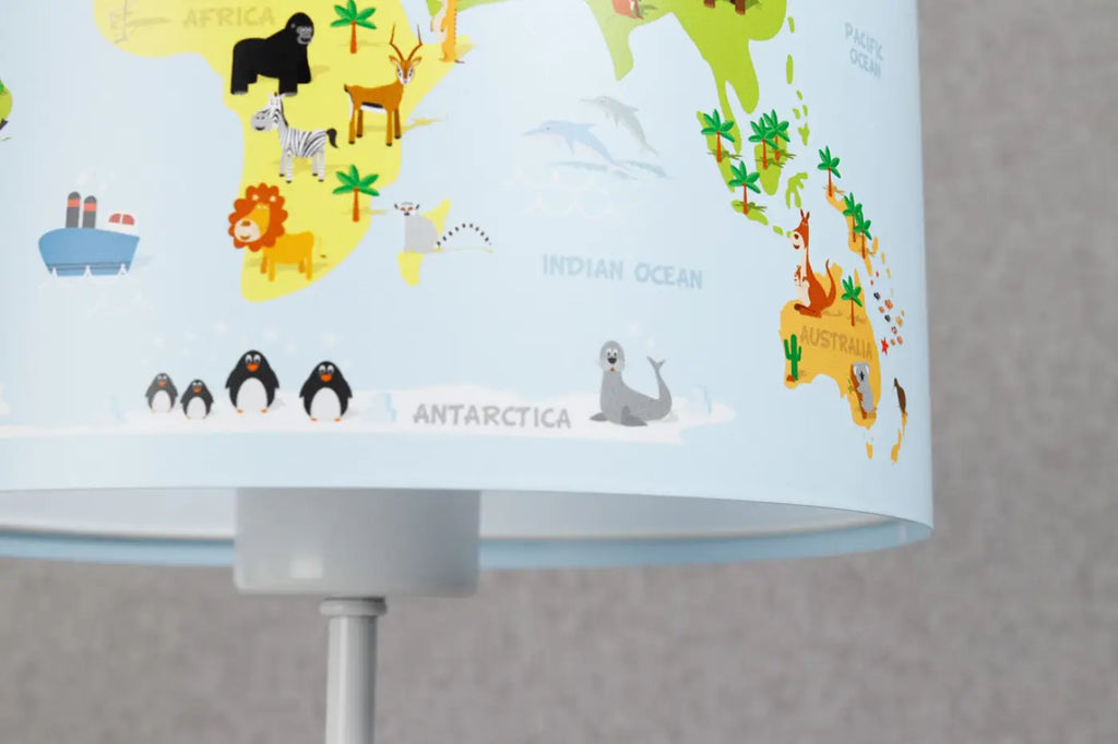 Lampe de chevet enfant carte du monde et animaux, 44 cm