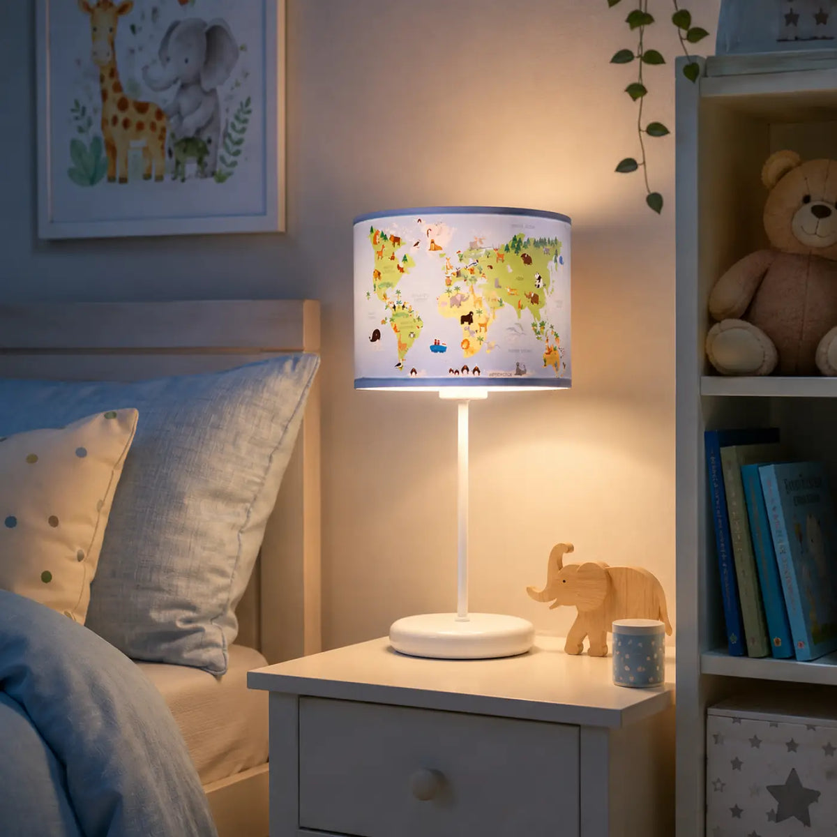 Lampe de chevet enfant carte du monde et animaux, 44 cm