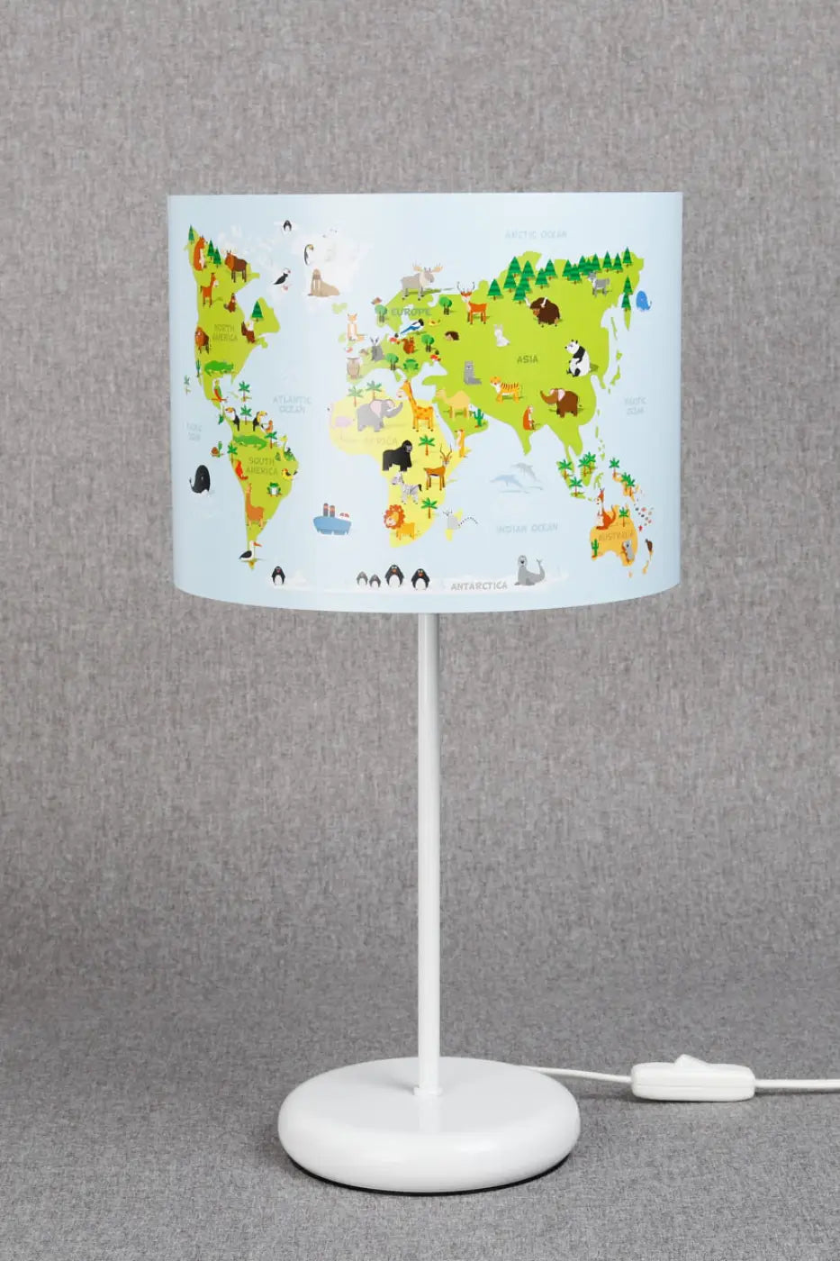Lampe de chevet enfant carte du monde et animaux, 44 cm