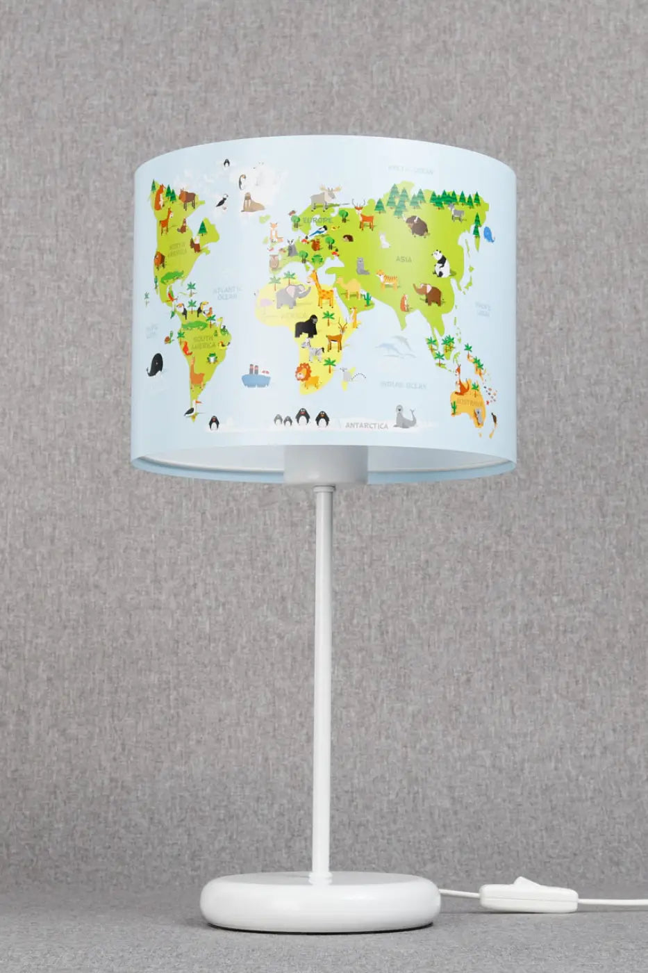 Lampe de chevet enfant carte du monde et animaux, 44 cm