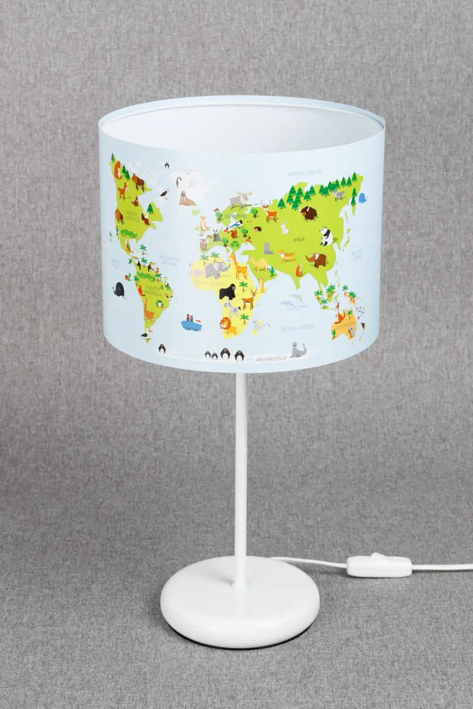 Lampe de chevet enfant carte du monde et animaux, 44 cm