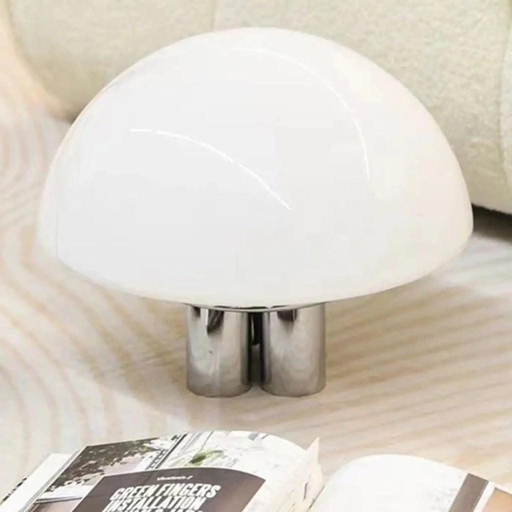 Lampe champignon en verre opalin, pied chromé