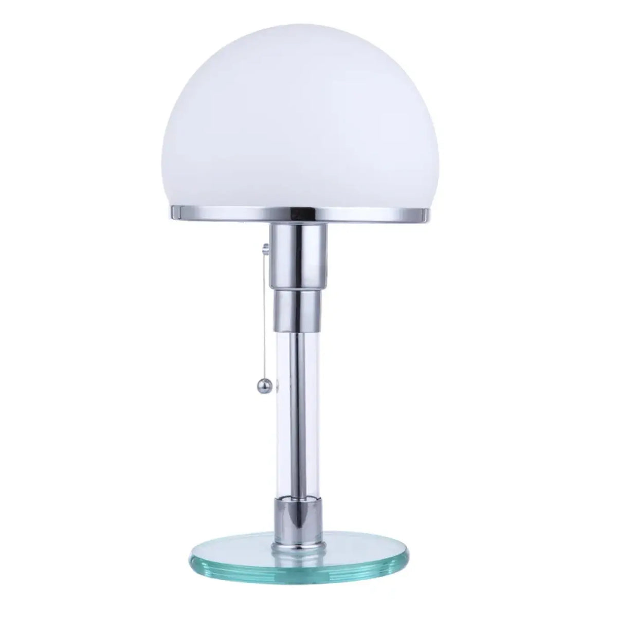 Lampe de table en verre transparent sur pied chromé