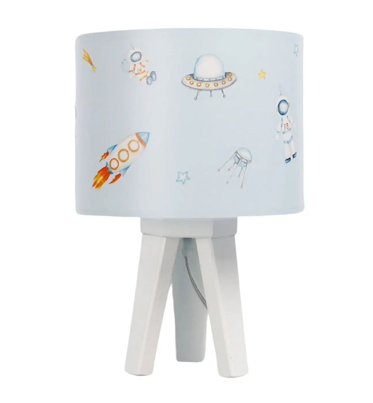 Lampe de chevet enfant fusées et astronautes, pied en bois