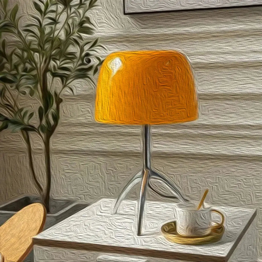 Lampe à poser à pied tripode chromé et abat-jour brillant