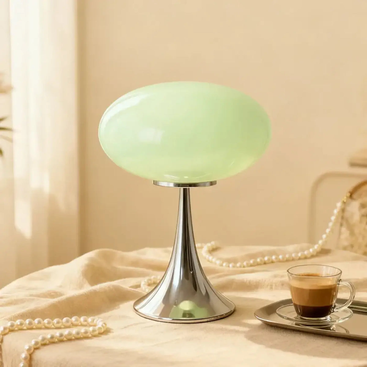 Lampe de table champignon à pied chromé, six coloris, vert