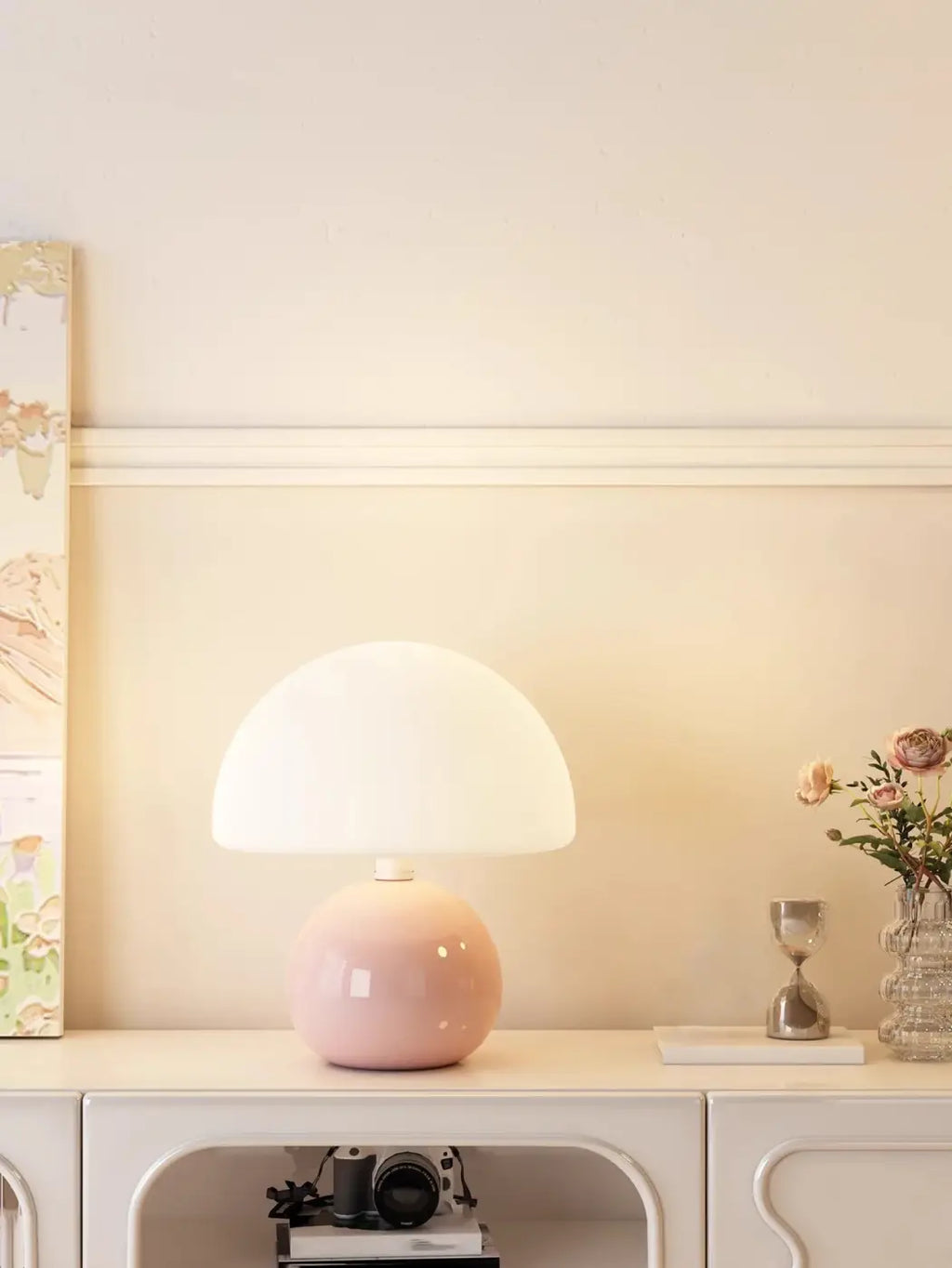Lampe champignon en verre opalin, rose, vert ou blanc