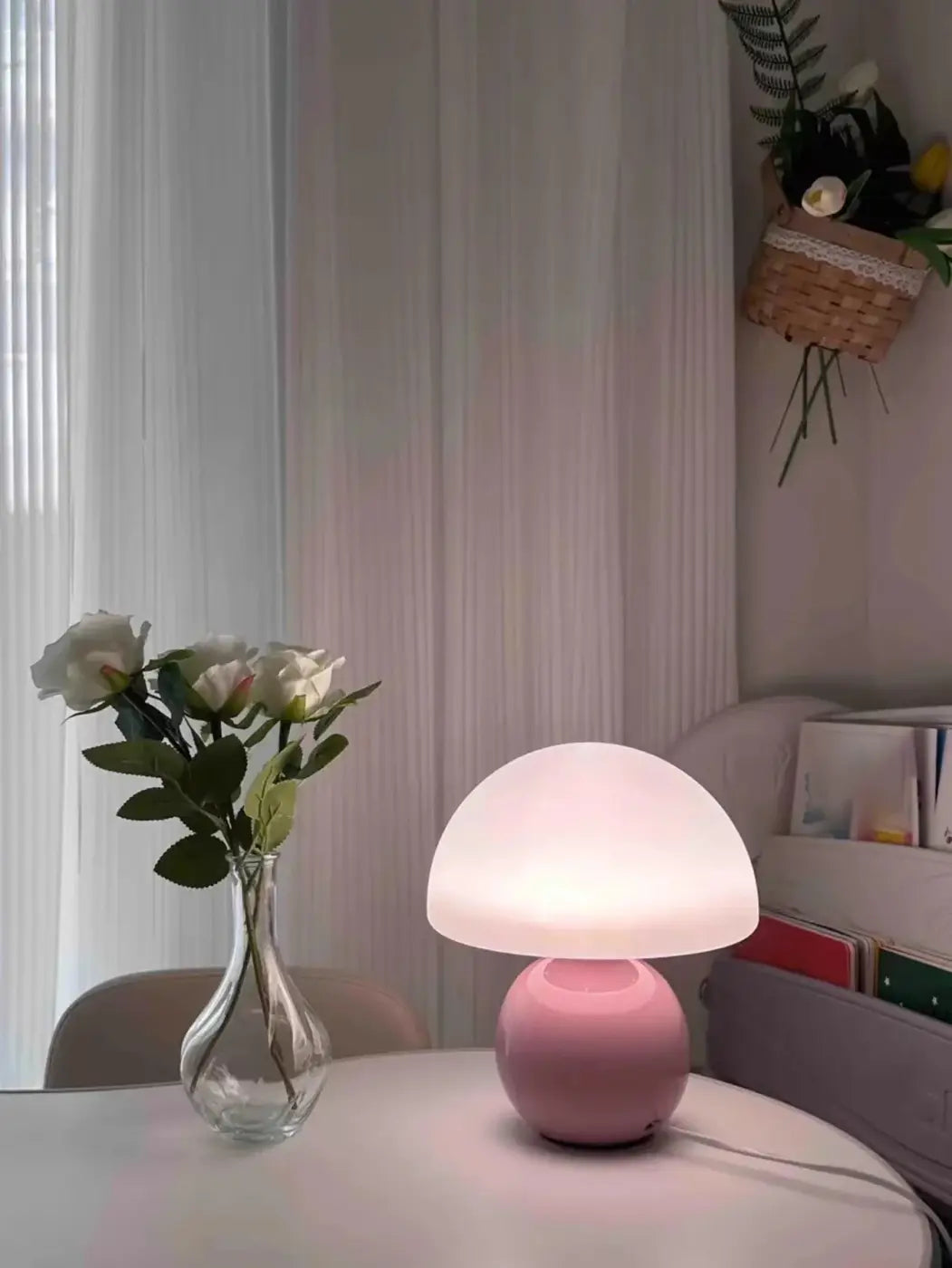 Lampe champignon en verre opalin, rose, vert ou blanc